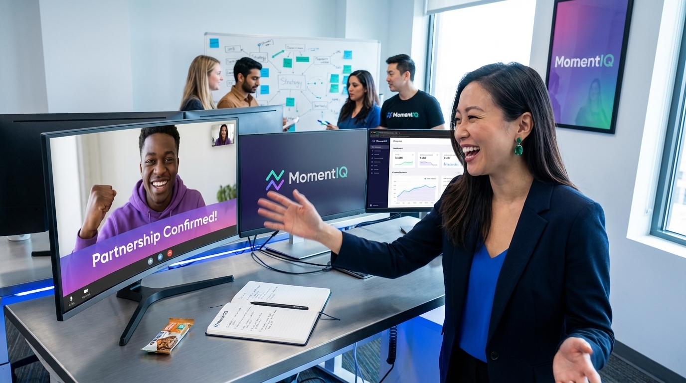 Aspirational shot of a brand manager confidently video-calling with a TikTok Shop creator, confirming a successful partnership in a modern office.