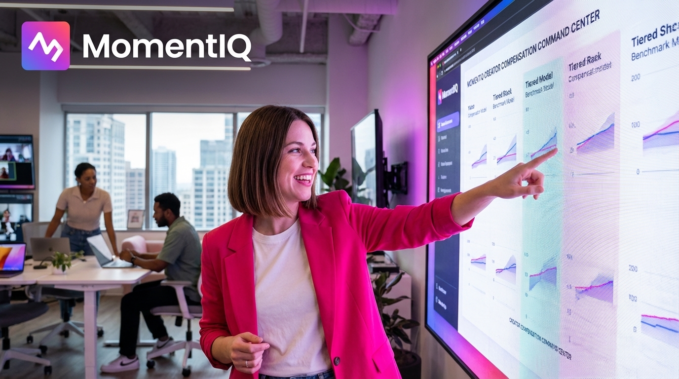 Brand owner confidently scrolling through various TikTok Shop compensation models and benchmark rates on a large touch-screen monitor.