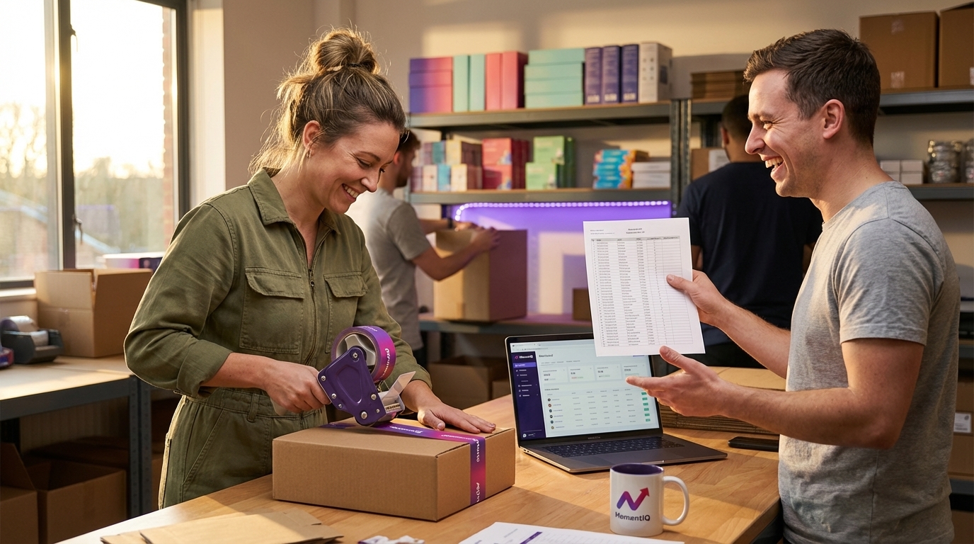 Brand team joyfully preparing TikTok Shop creator product seeding packages in an organized fulfillment area