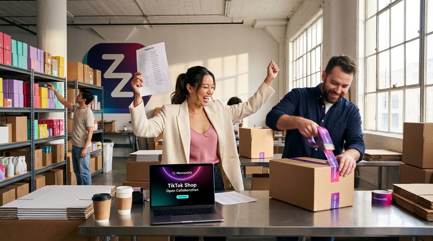 Brand team joyfully preparing TikTok Shop product seeding packages for creator review campaigns
