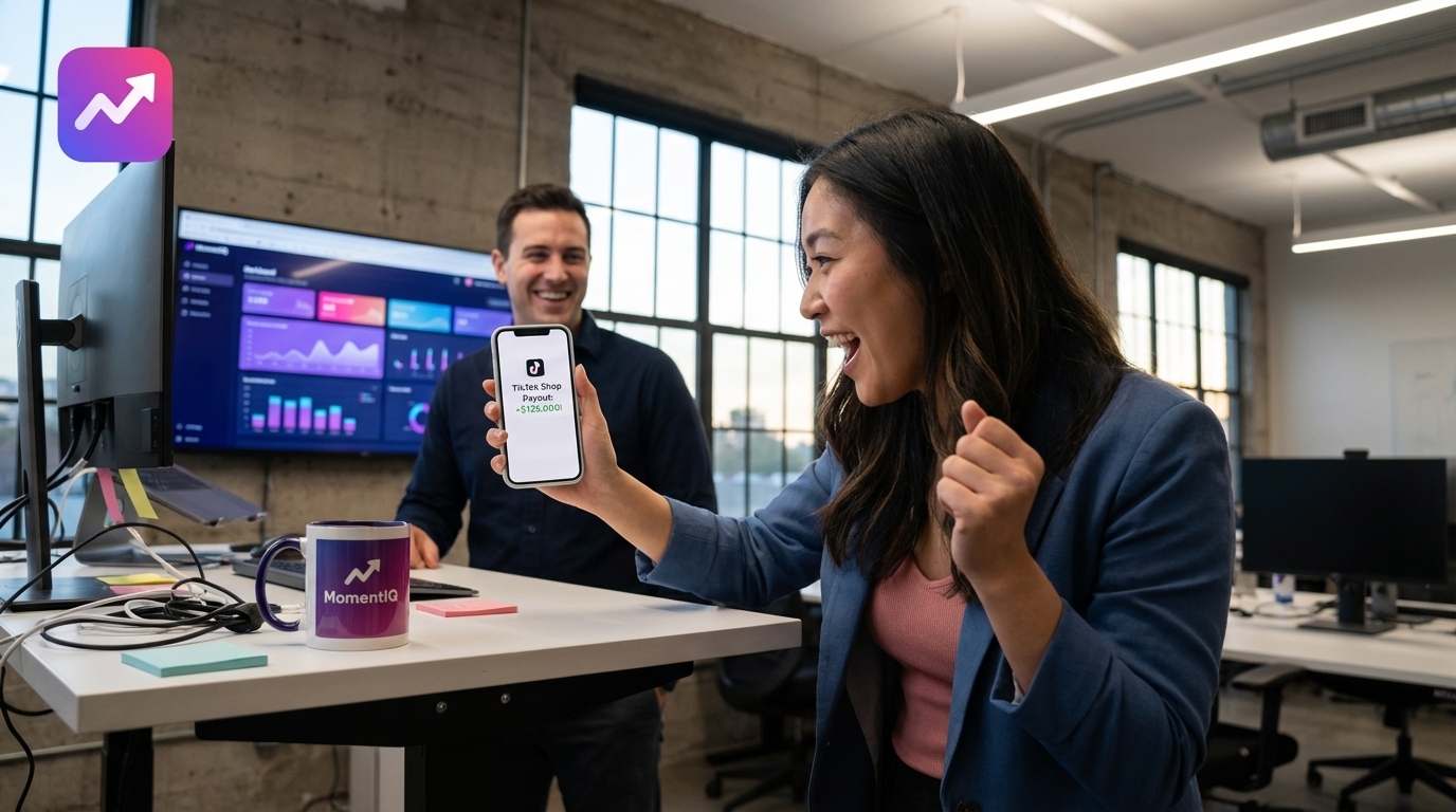Close-up of a phone screen showing a 'Payout Notification: +$125,000!' from TikTok Shop, held by a smiling entrepreneur.
