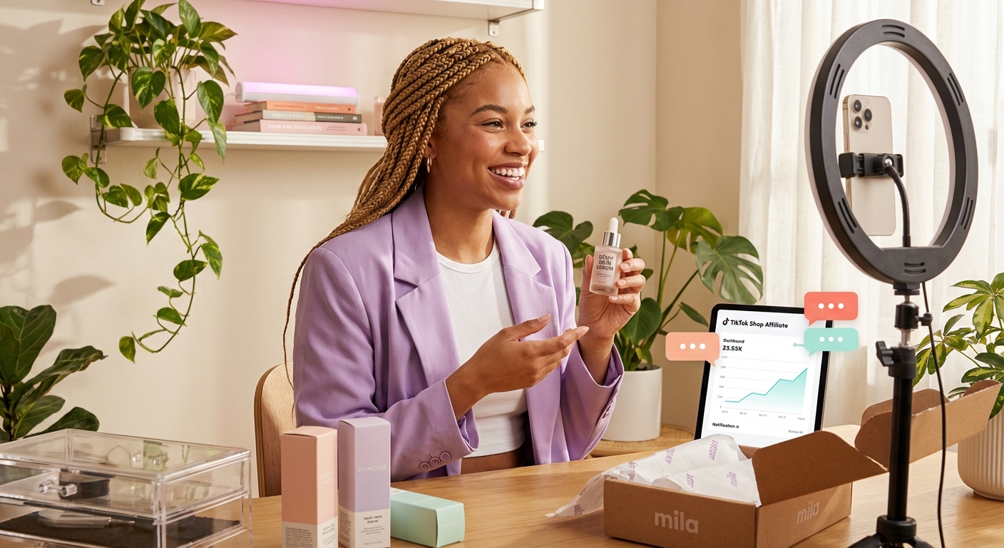 Confident TikTok Shop creator filming a product review in her studio with affiliate commission earnings visible on screen