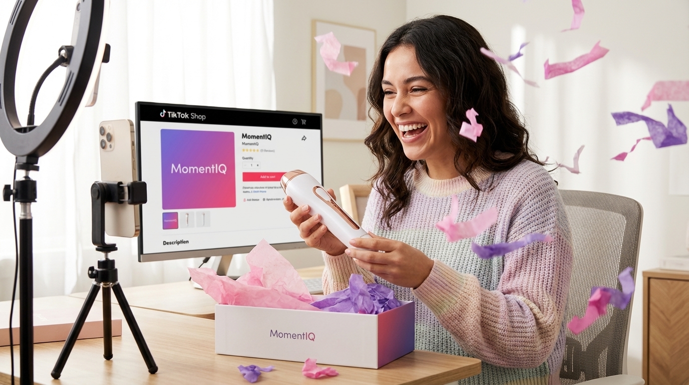 Enthusiastic TikTok creator excitedly unboxing a branded product package during a TikTok Shop content shoot