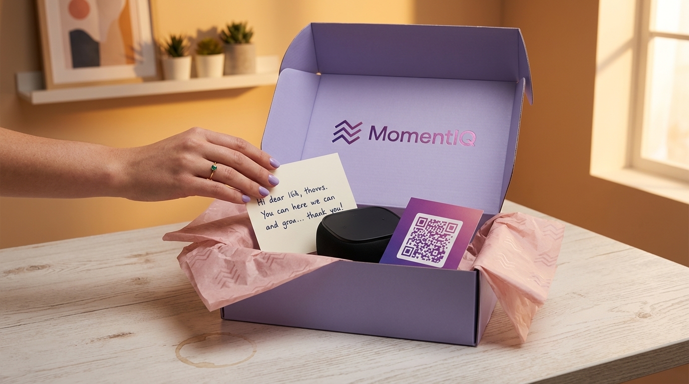 Flat lay of a beautifully arranged creator seeding package with a premium product, personalized note, and TikTok Shop QR code.