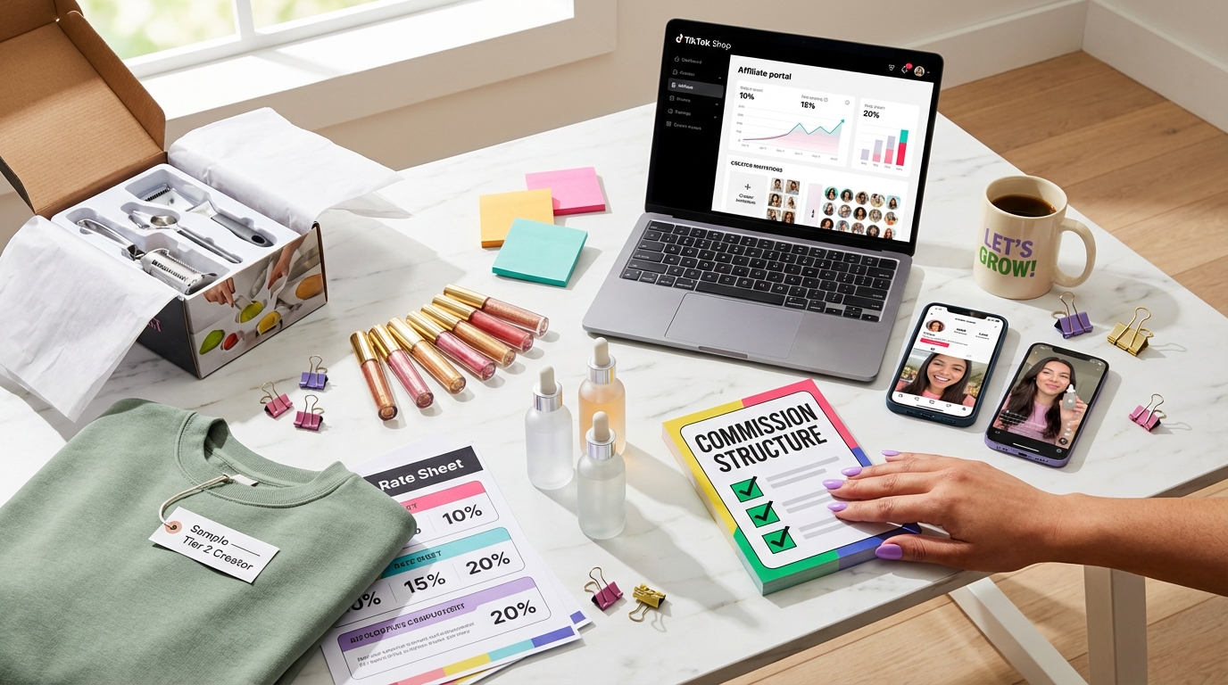 Flat lay of TikTok Shop products and creator compensation strategy materials organized on a bright workspace