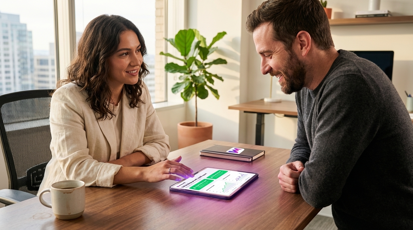 MomentIQ strategist confidently discussing TikTok Shop creator growth with a smiling brand owner, showing opportunities.