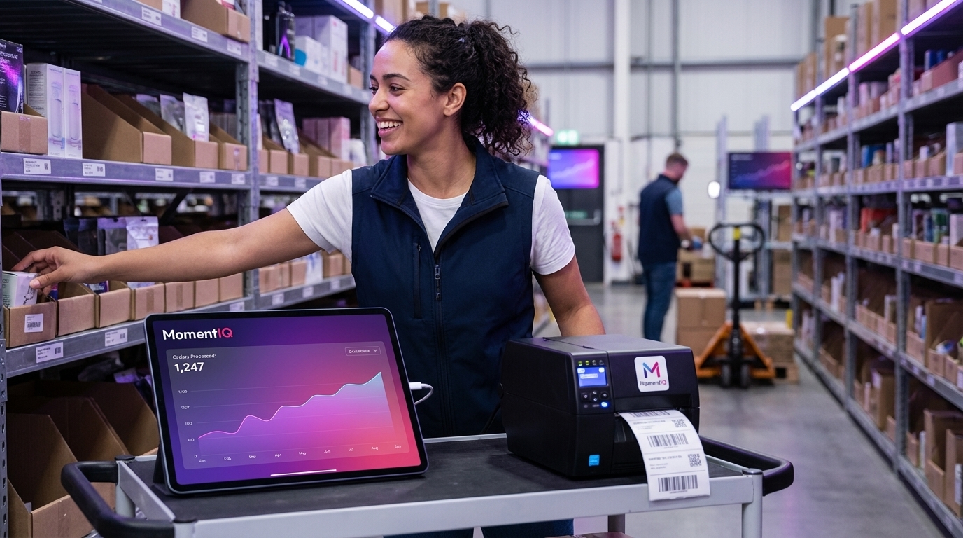 Smiling warehouse worker reaching for inventory for TikTok Shop orders, with shipping labels printing and new order alerts on a phone.