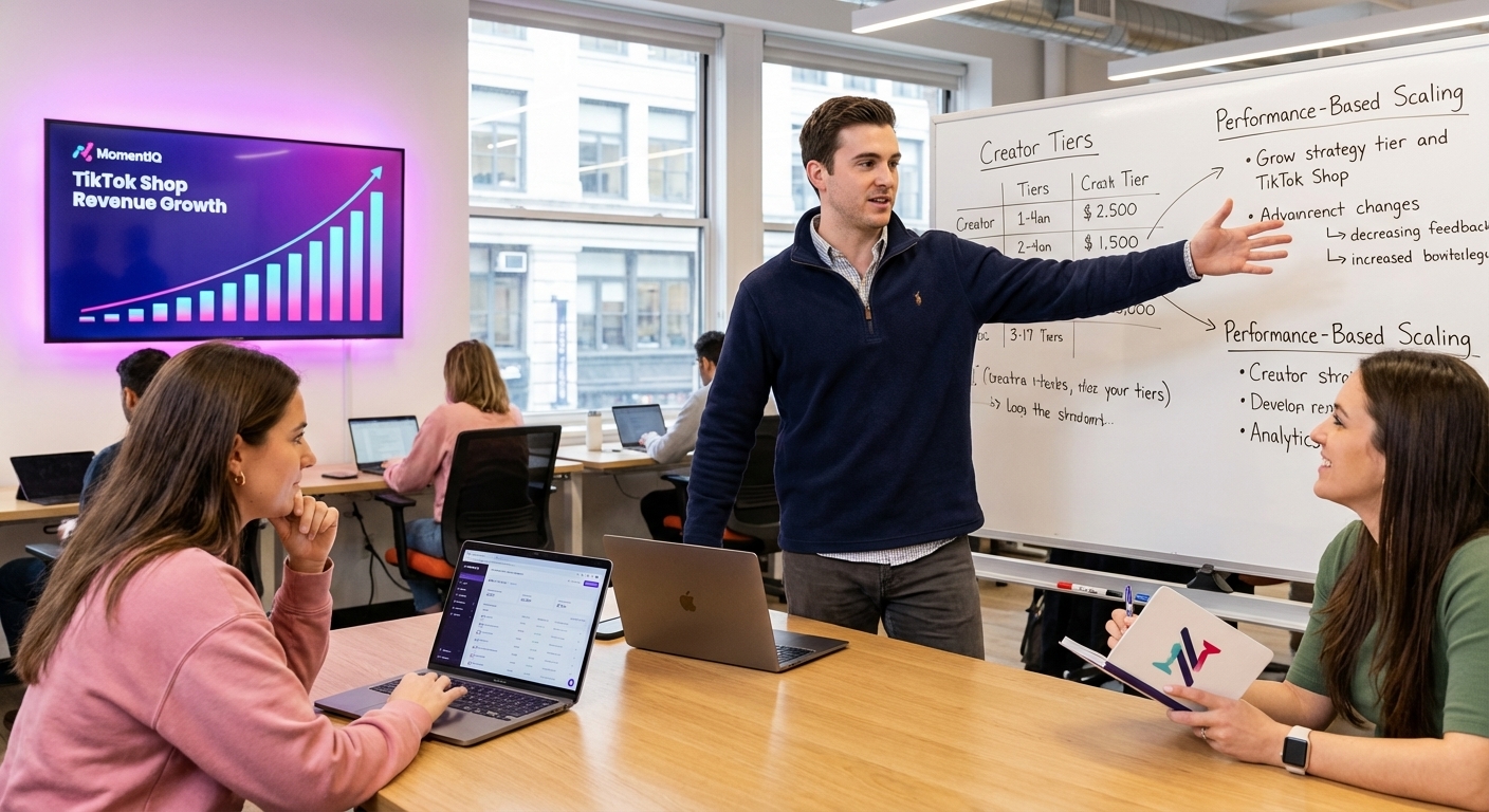 TikTok Shop brand team collaborating on creator compensation strategy in front of a whiteboard with growth analytics on screen