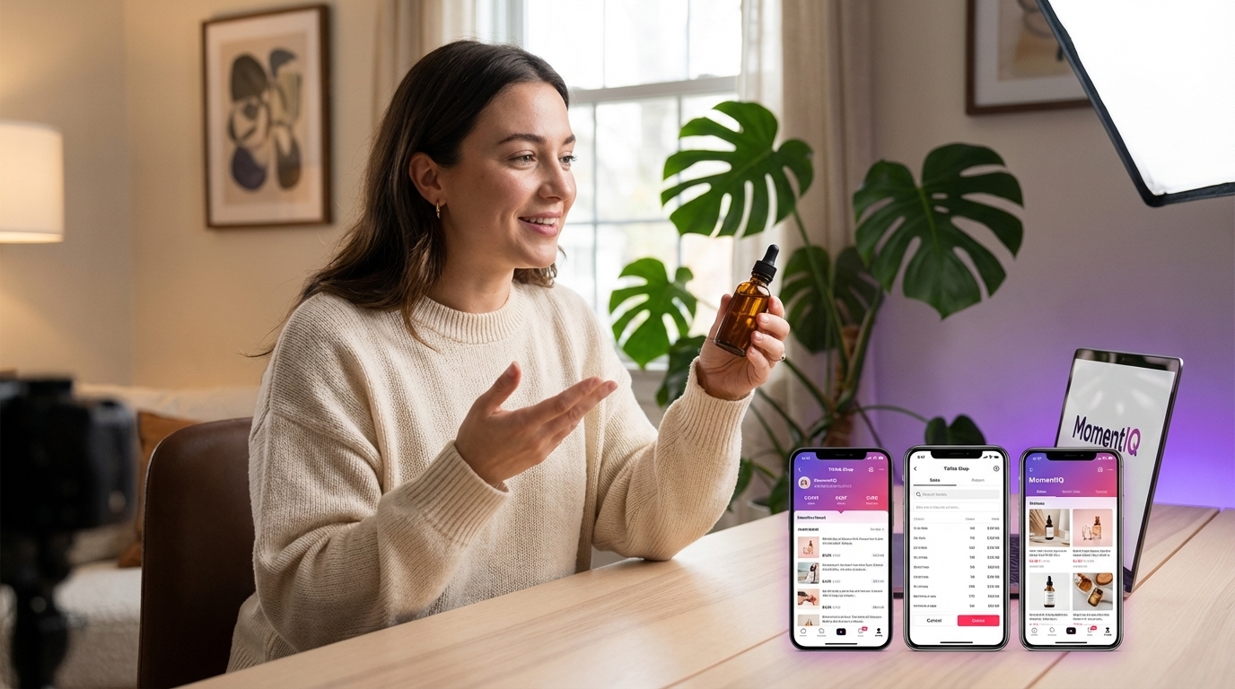 Vibrant creator studio with a creator filming a product review, surrounded by phones showing diverse TikTok Shop product listings and live streams.
