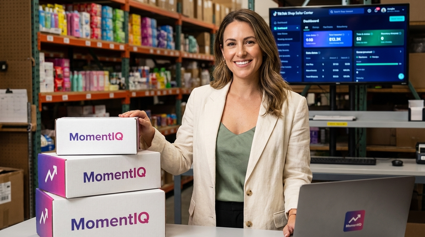 Entrepreneur proudly standing in organized TikTok Shop fulfillment warehouse with live orders on screen