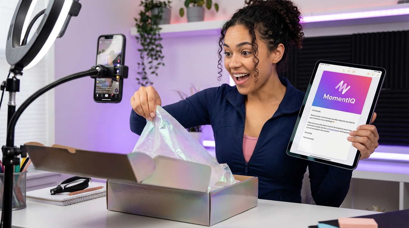 Excited creator unboxing a product seeding package for a TikTok Shop review video.