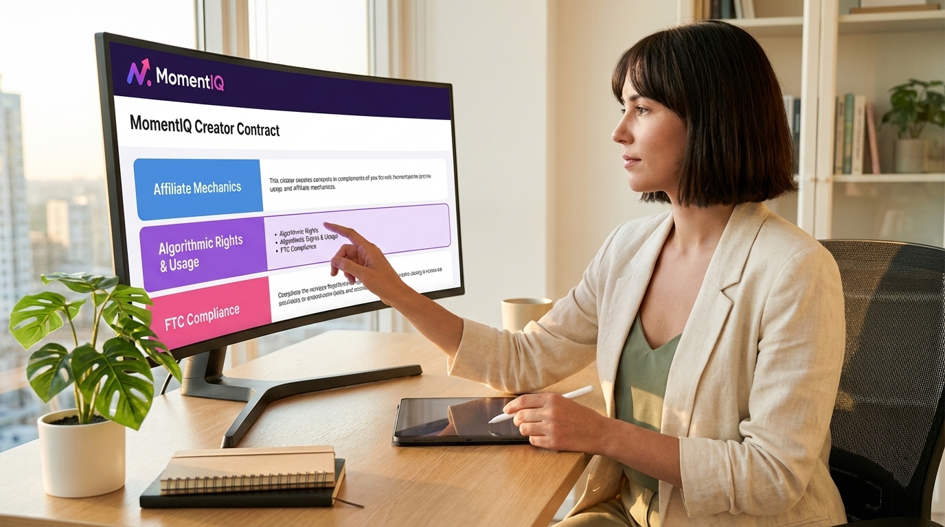 Marketing manager confidently reviewing a detailed TikTok Shop contract template on a monitor.