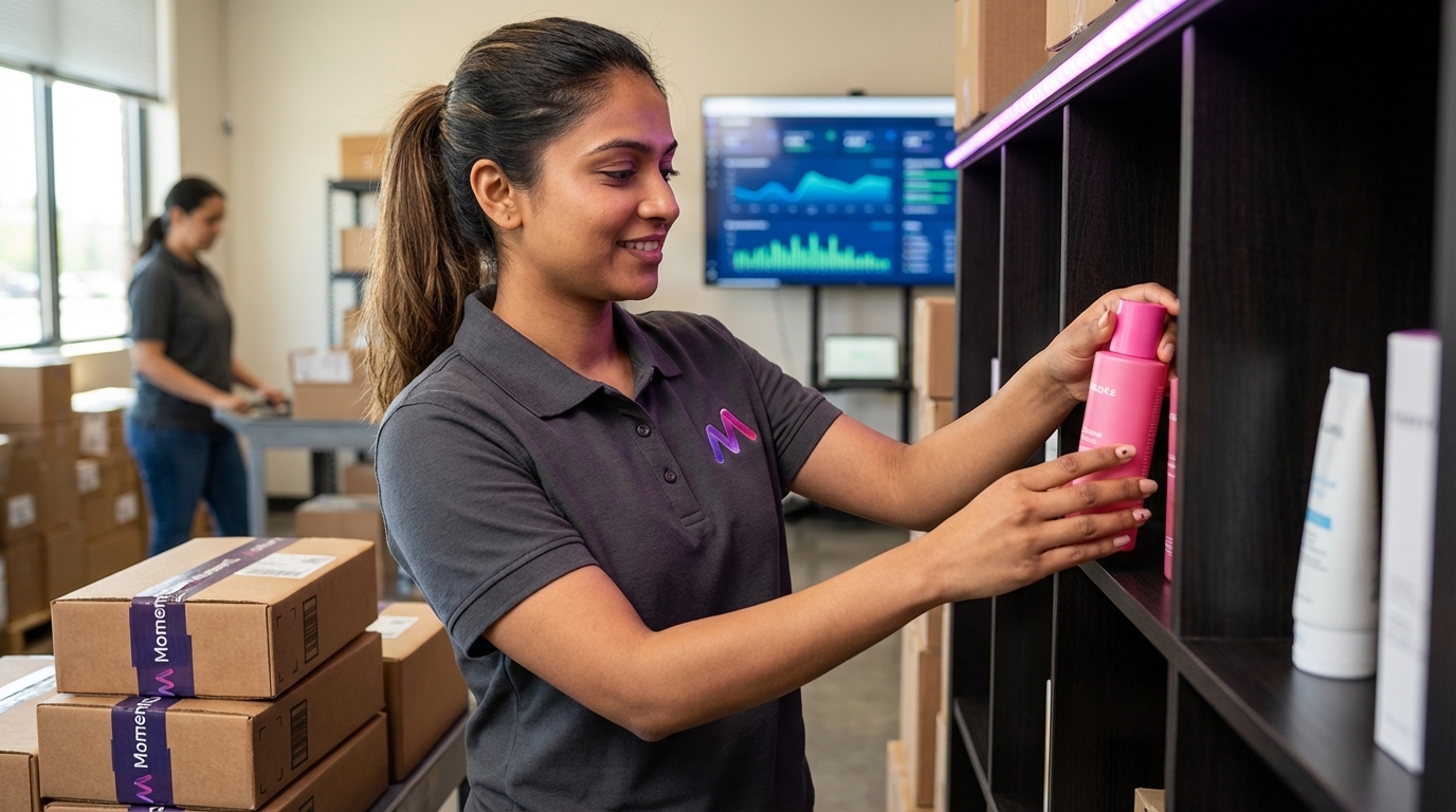 Warehouse worker organizing colorful products for TikTok Shop fulfillment, surrounded by branded shipping boxes.
