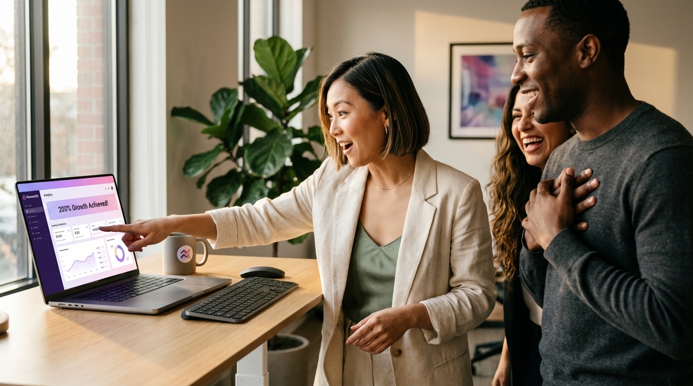 Brand owners celebrating 200% TikTok Shop revenue growth on a laptop analytics page.