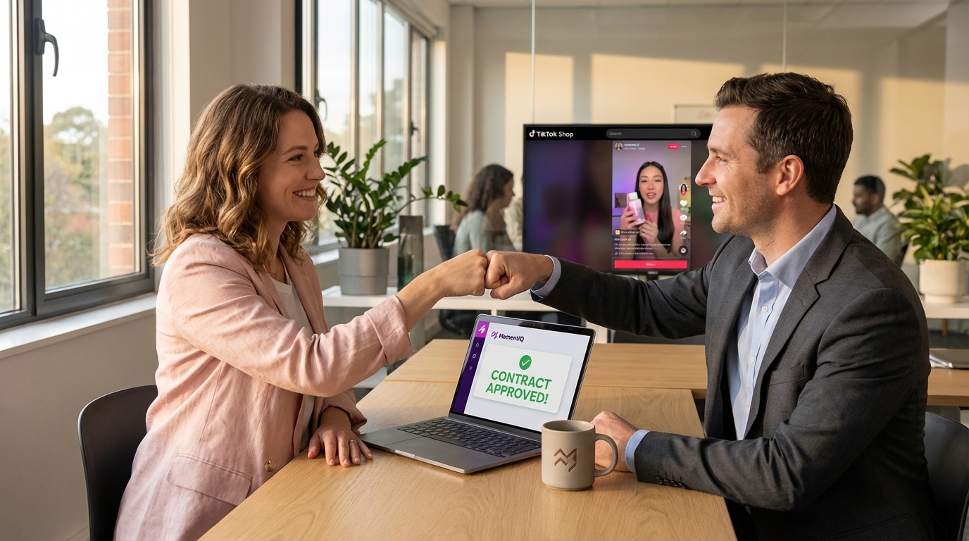 Brand manager and legal advisor celebrating an approved TikTok Shop creator contract.