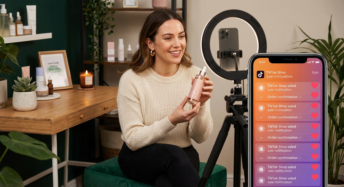 Confident TikTok Shop creator filming product review in professional ring light studio with sales notifications on phone