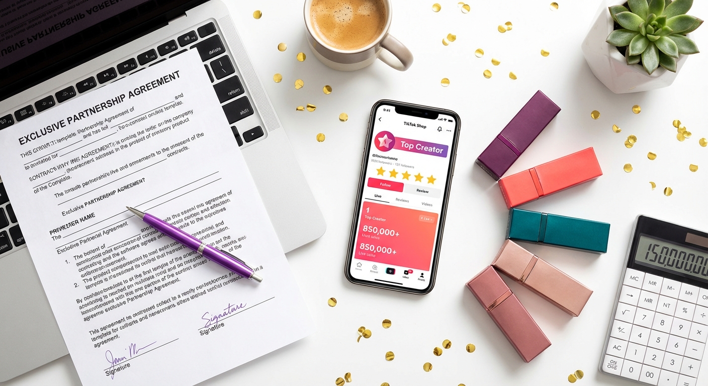 Flat lay of TikTok Shop exclusivity deal essentials including creator storefront on phone, contract, and branded products