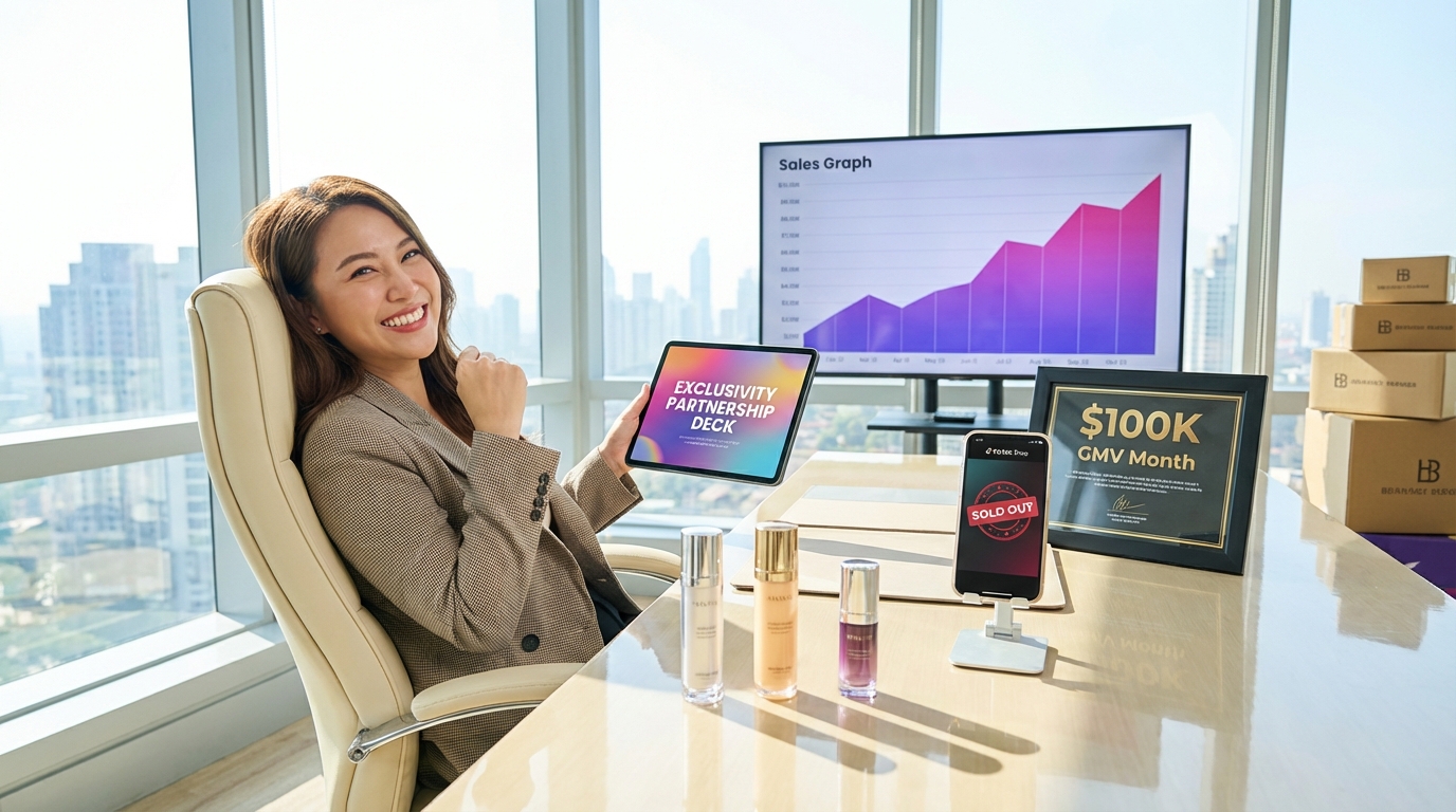 Successful TikTok Shop brand founder reviewing creator exclusivity partnership with sold-out product milestone on desk