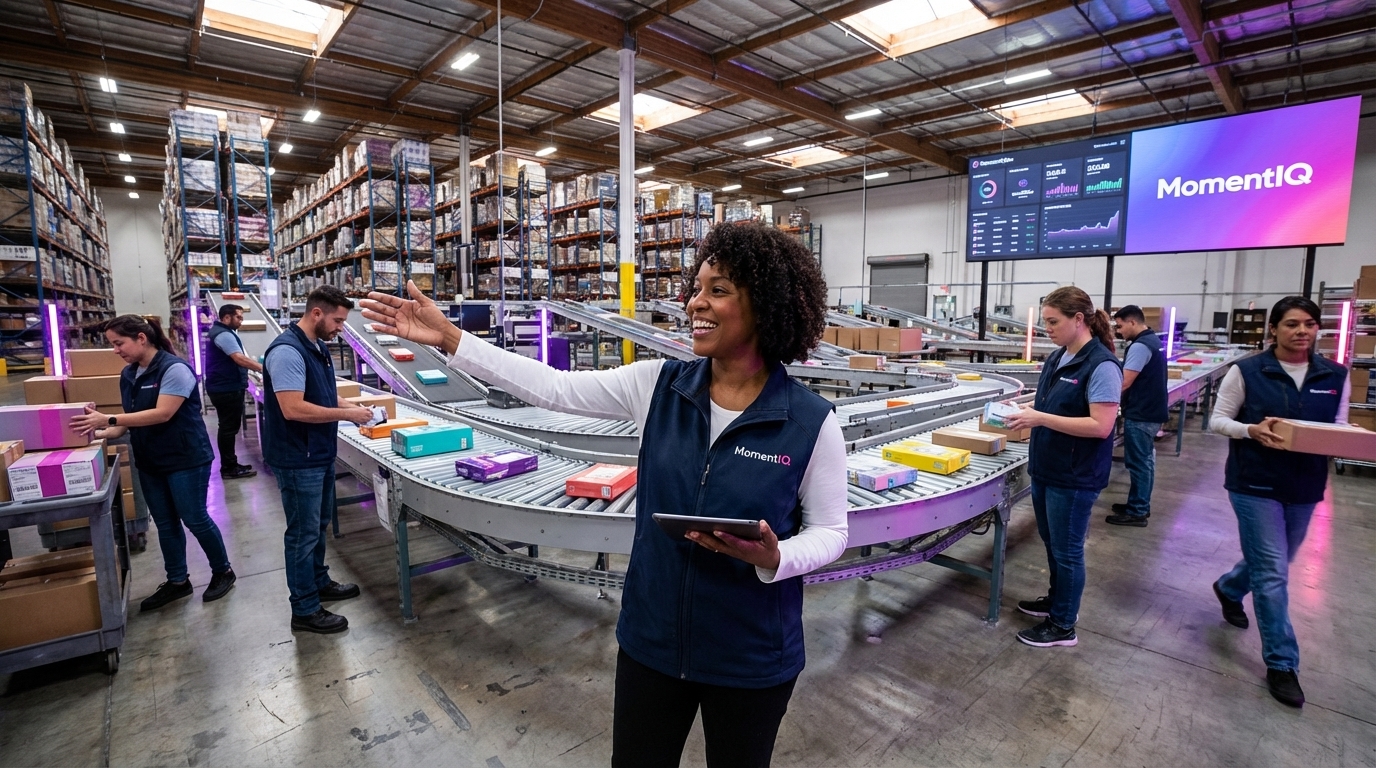 Bustling, organized warehouse with workers efficiently packing colorful TikTok Shop orders.