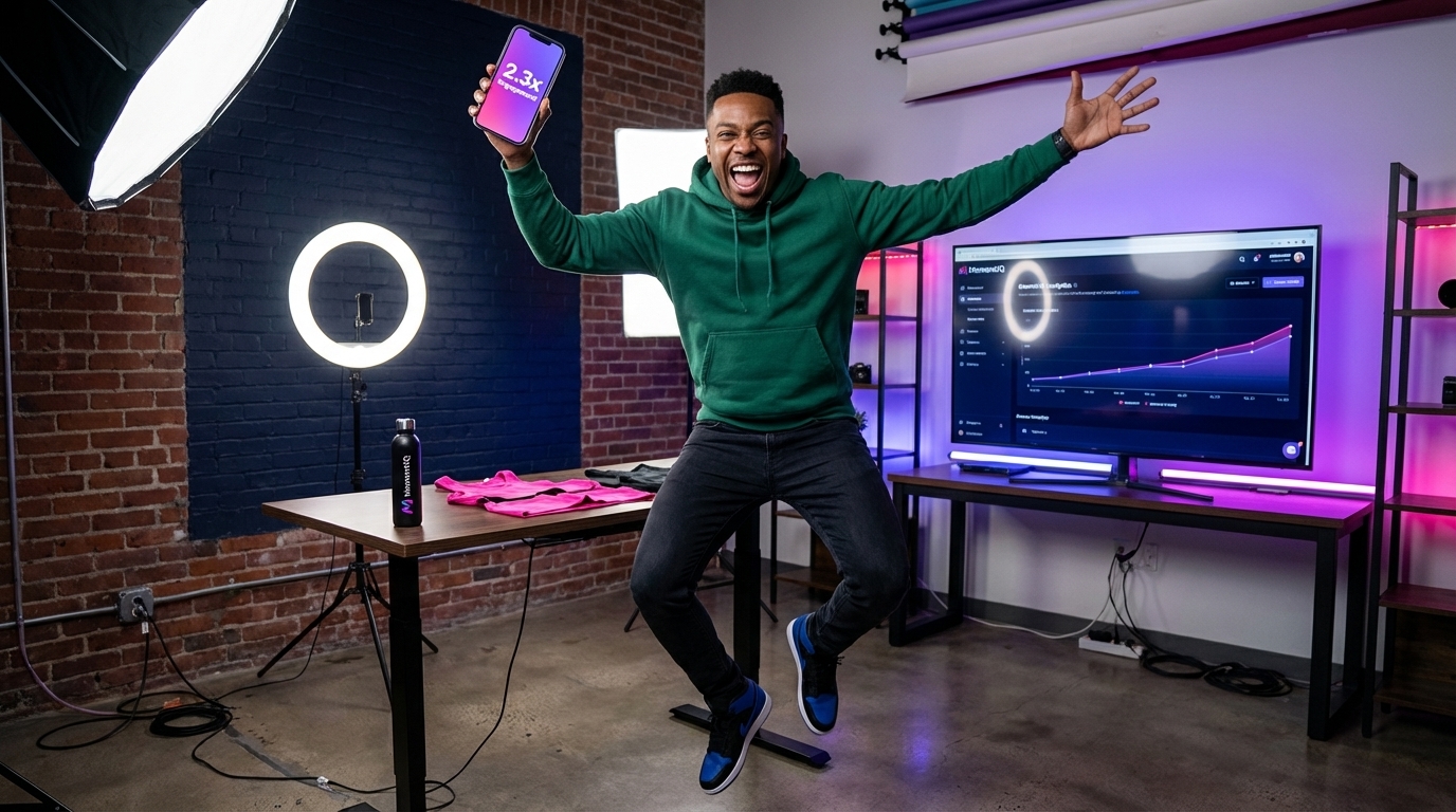 Excited creator celebrating 2.3x higher TikTok Shop engagement rates with a product video on their phone.