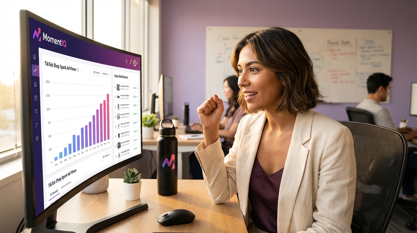 Marketing manager celebrating a successful TikTok Shop Spark Ad campaign with exploding reach and sales notifications.