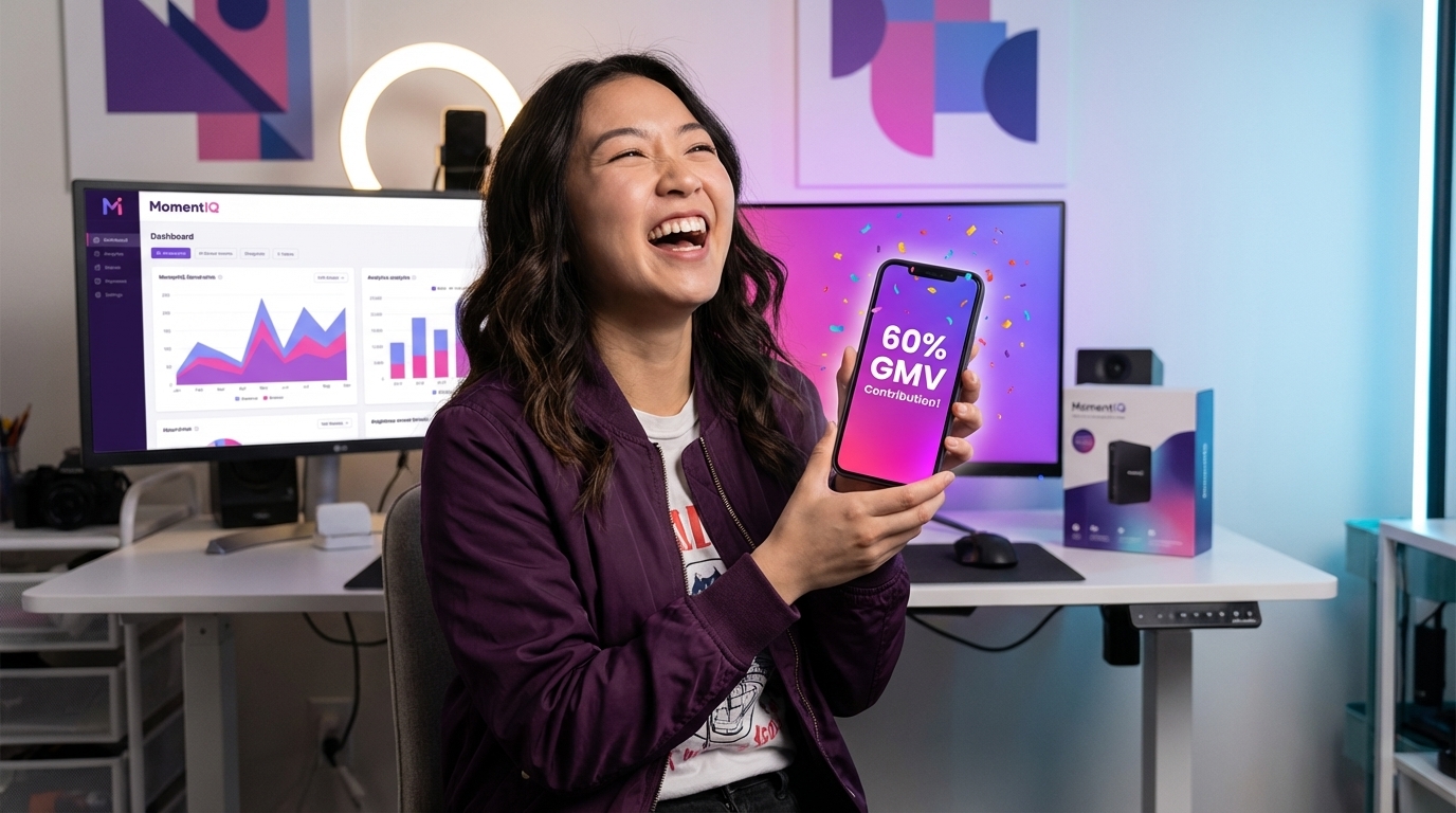 Proud micro-creator showcasing a viral TikTok Shop unboxing video contributing to 60% GMV.