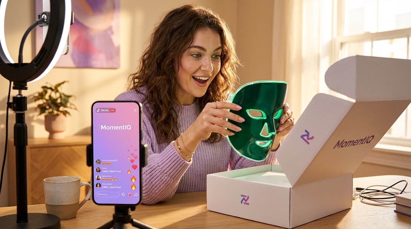 Vibrant creator excitedly unboxing a new product for a TikTok video, radiating genuine delight.
