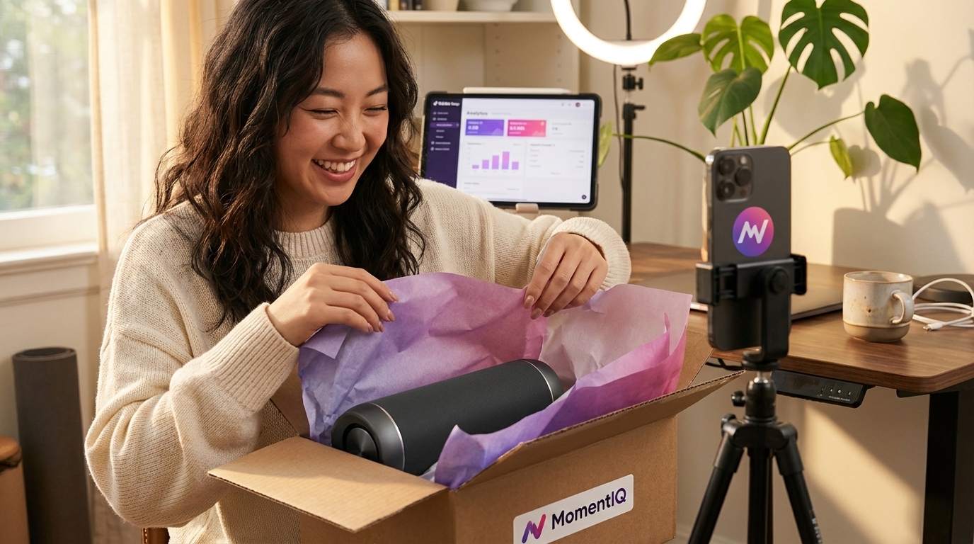 TikTok Shop creator joyfully unboxing a branded product seeding package