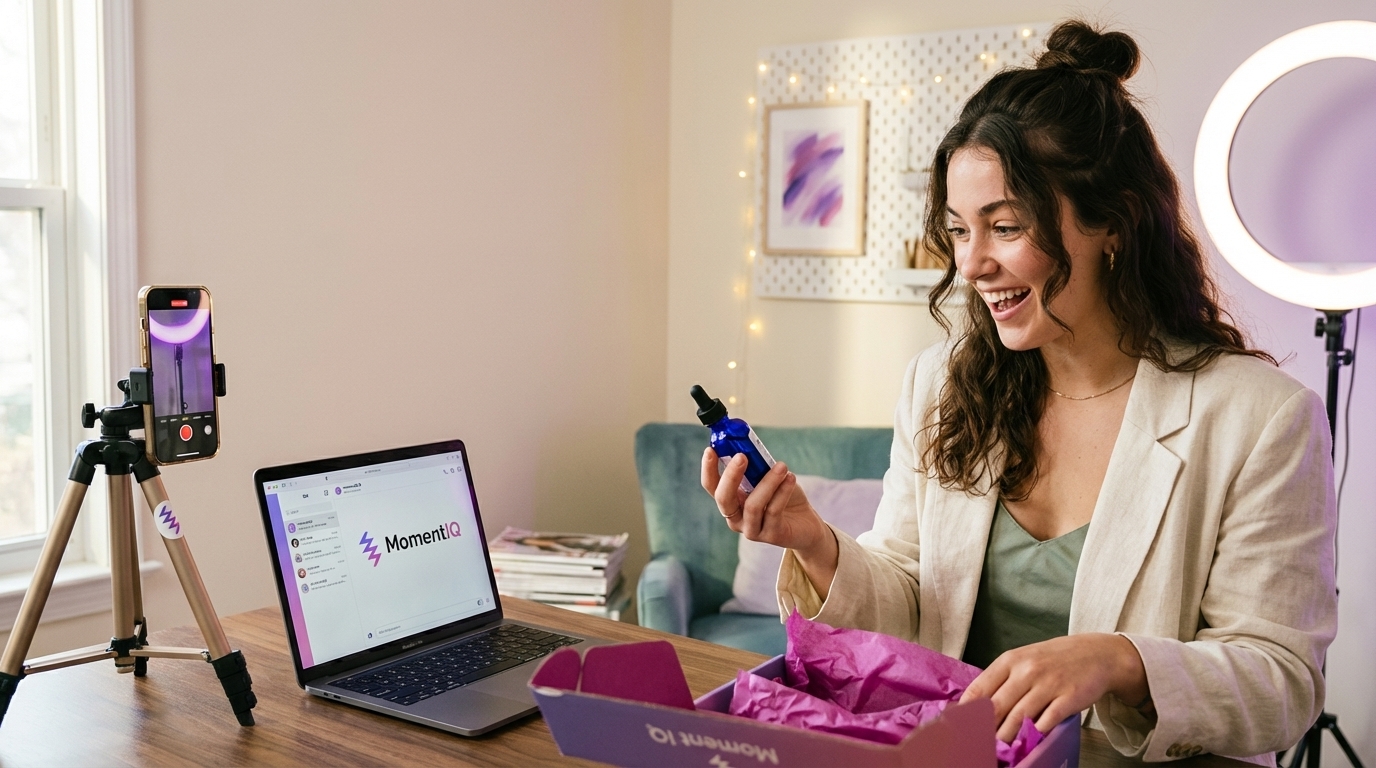 Excited TikTok creator unboxing a branded product seeding package while filming content with ring light and tripod setup