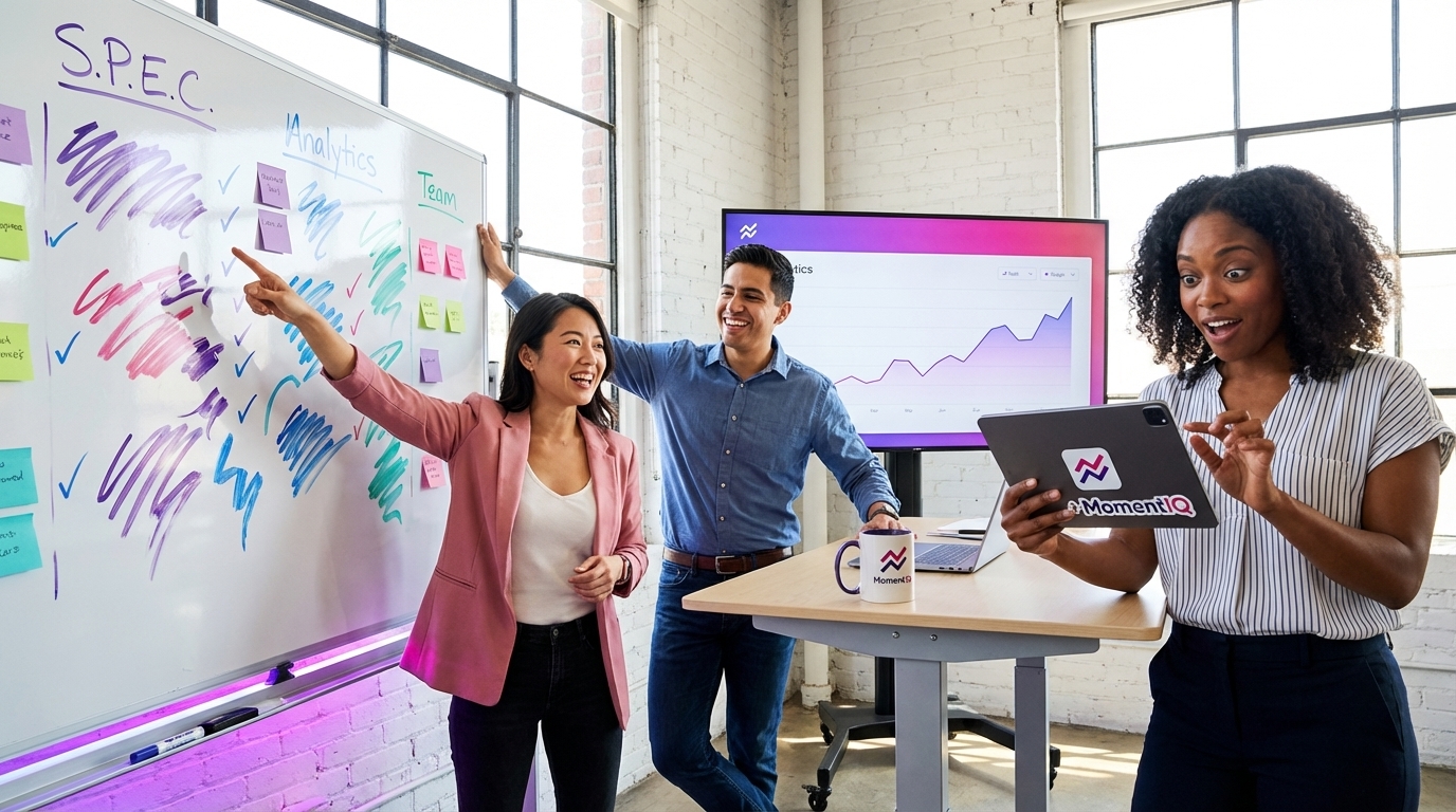 Marketing team collaborating on TikTok Shop creator outreach strategy using the SPEC framework with analytics dashboard showing rising reply rates