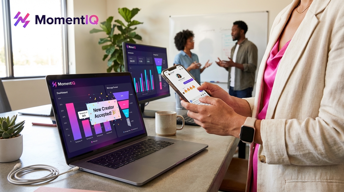 TikTok Shop creator outreach dashboard showing reply rate metrics with successful DM conversation on phone