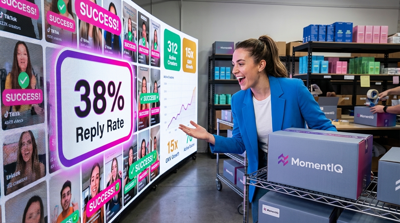 TikTok Shop partnership manager celebrating high creator outreach reply rates displayed on analytics screen with product inventory ready to ship