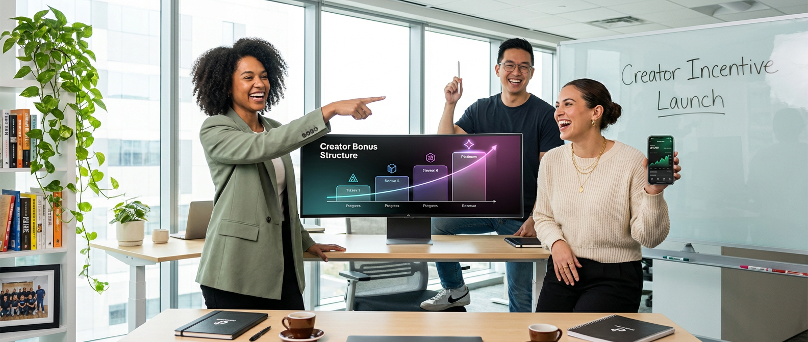Brand marketing team planning a four-tier TikTok Shop creator performance bonus structure on a large display in a modern office