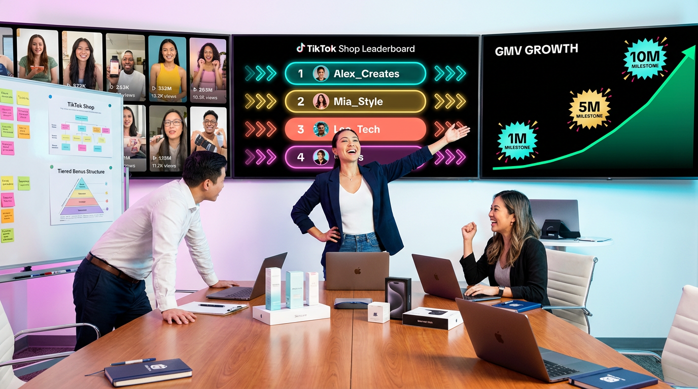 Brand team confidently reviewing TikTok Shop creator performance leaderboards and tiered bonus strategy in a modern analytics war room