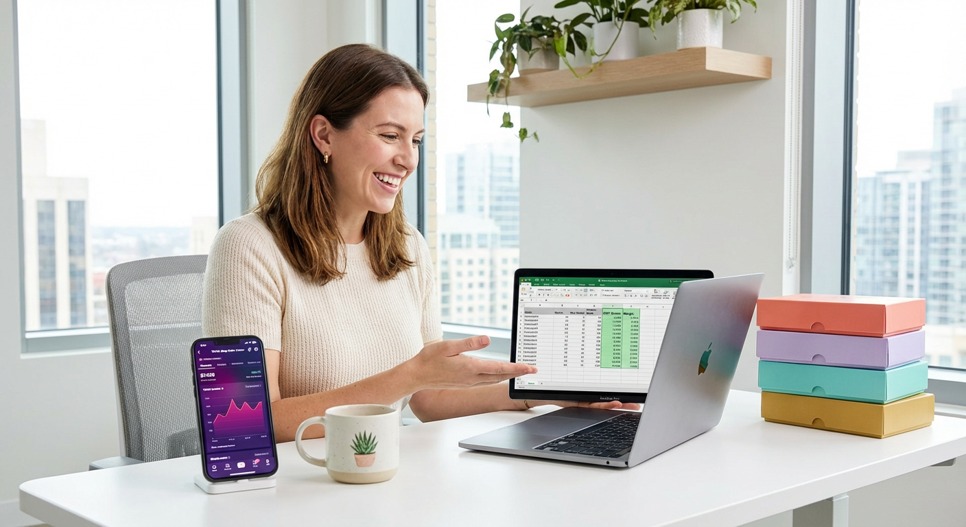 Confident TikTok Shop brand owner reviewing incremental GMV bonus budget calculations with healthy profit margins on her laptop