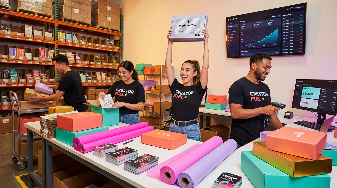Team joyfully packing TikTok Shop creator seeding packages and Platinum tier bonus rewards in a busy organized warehouse