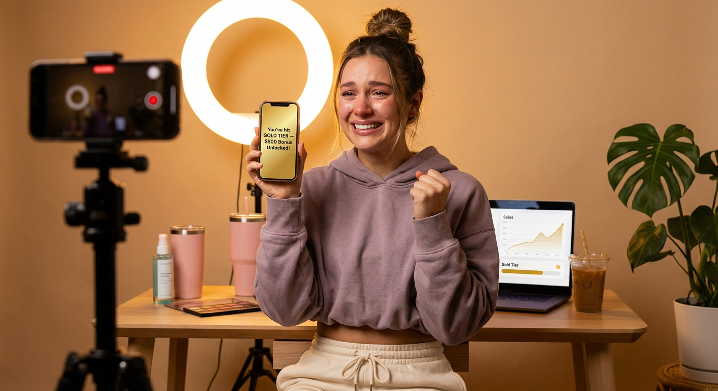 TikTok Shop creator celebrating hitting a Gold tier performance bonus milestone in her content creation studio