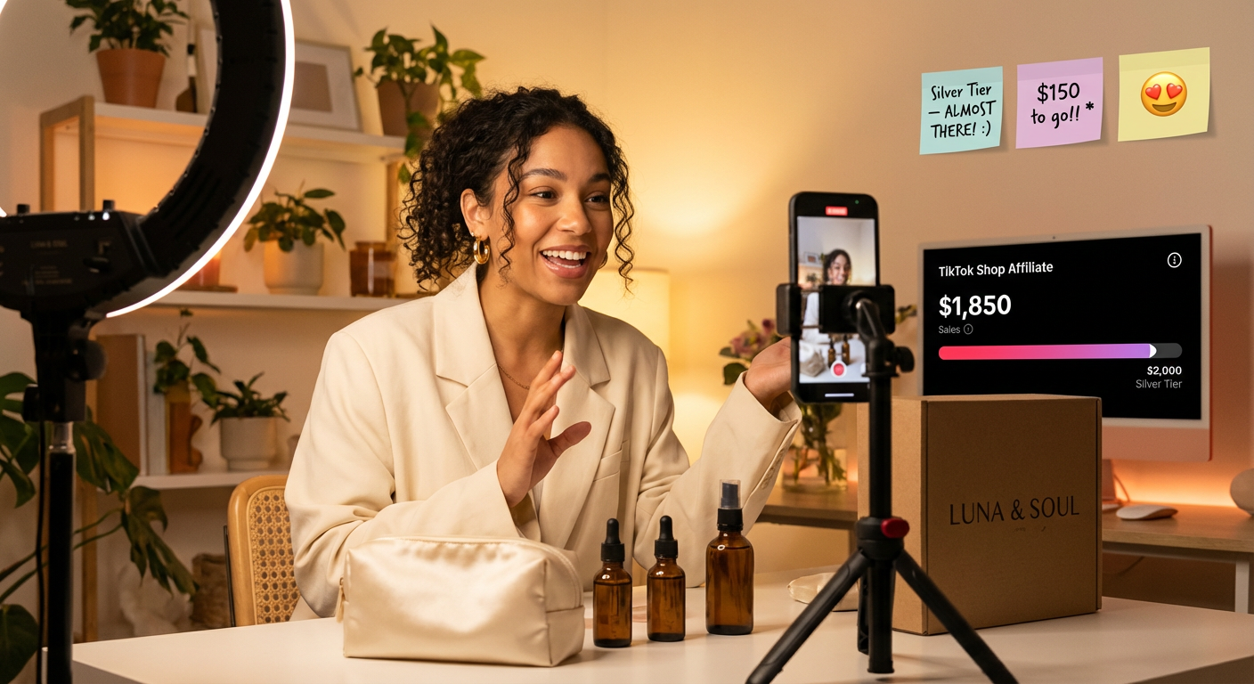 TikTok Shop creator filming product content in a ring-lit studio with affiliate dashboard showing progress toward a bonus milestone