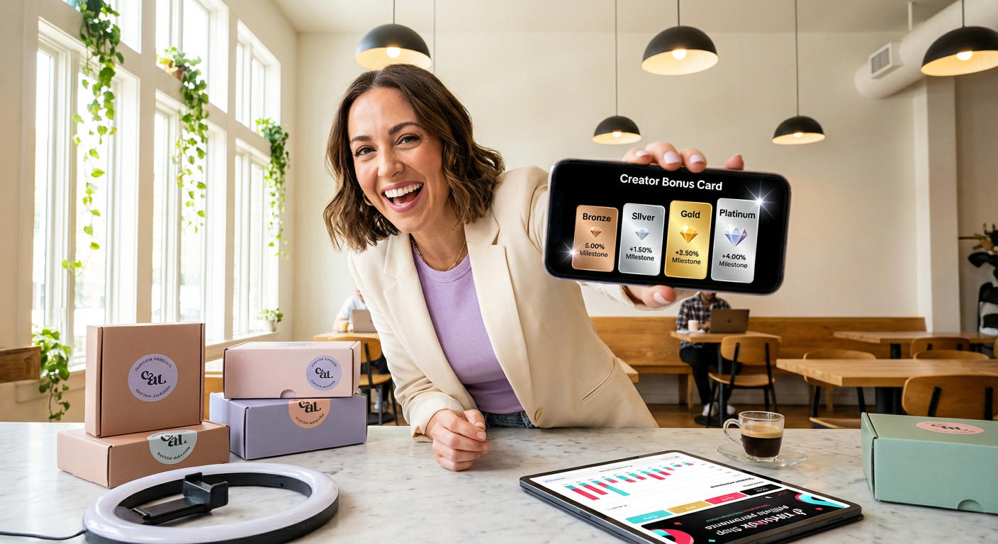 TikTok Shop partnership manager showcasing a four-tier creator performance bonus card with Bronze Silver Gold and Platinum levels