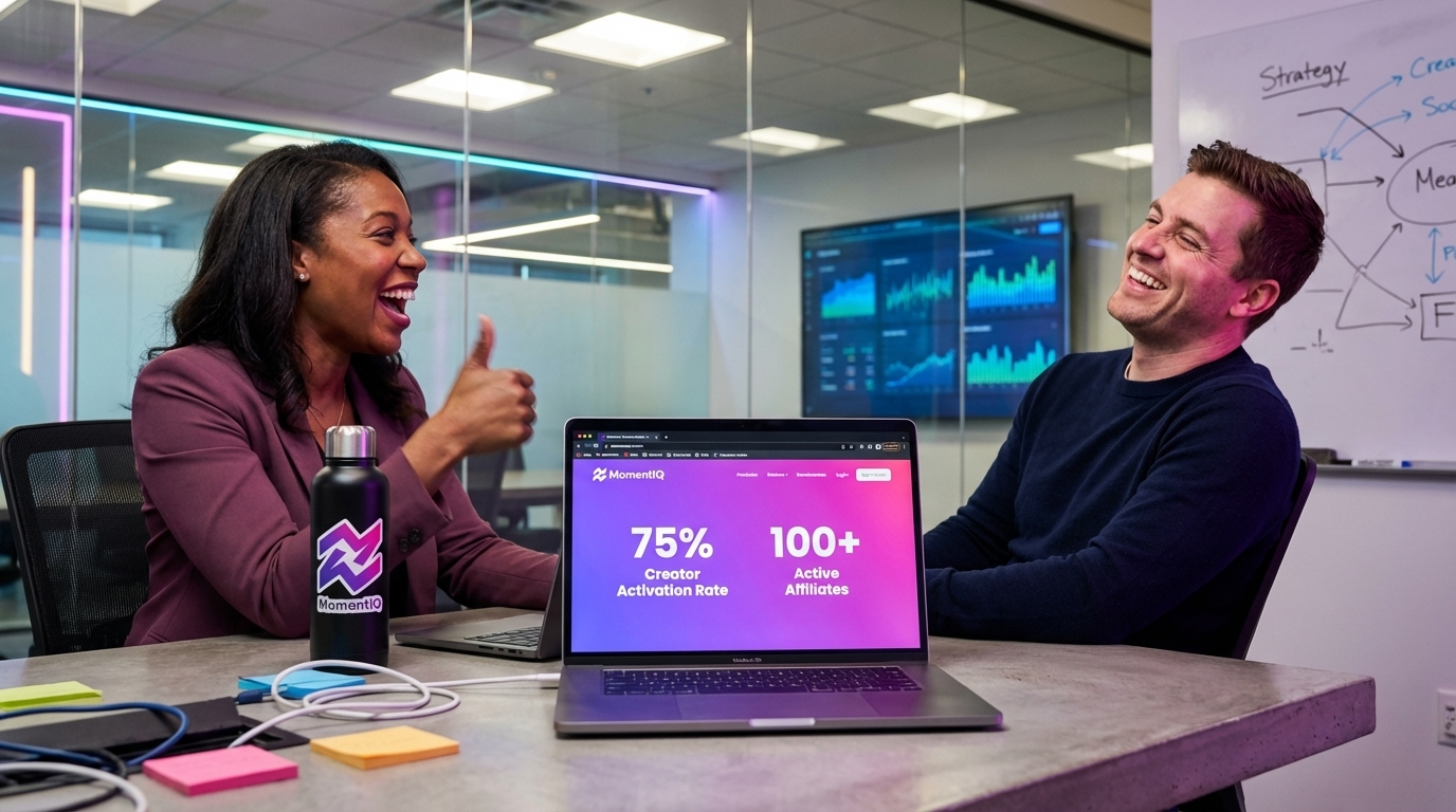 Beaming brand founder giving a thumbs-up while a laptop shows a 75% TikTok Shop creator activation rate and 100+ active affiliates.