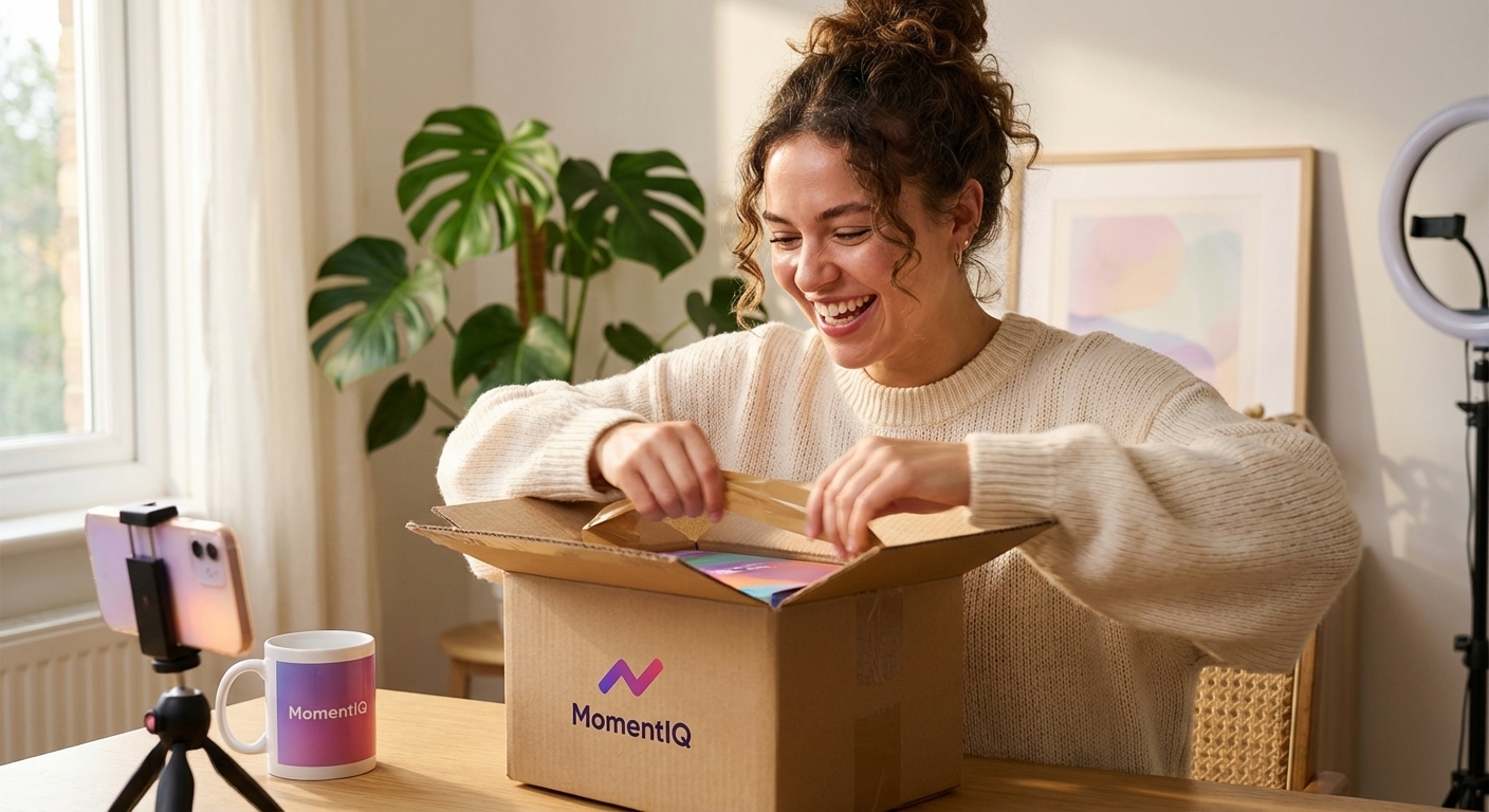 Charismatic TikTok creator excitedly unboxing a branded product seeding package for a TikTok Shop review, capturing genuine discovery.