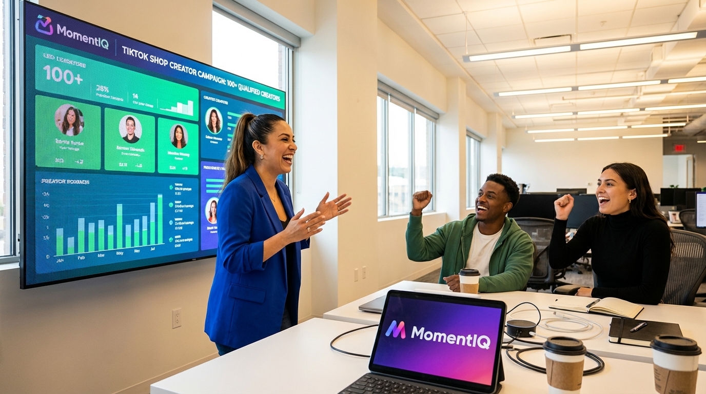 Confident product manager presenting a successful TikTok Shop affiliate campaign report highlighting high VSR creators and conversion histories to an engaged team.