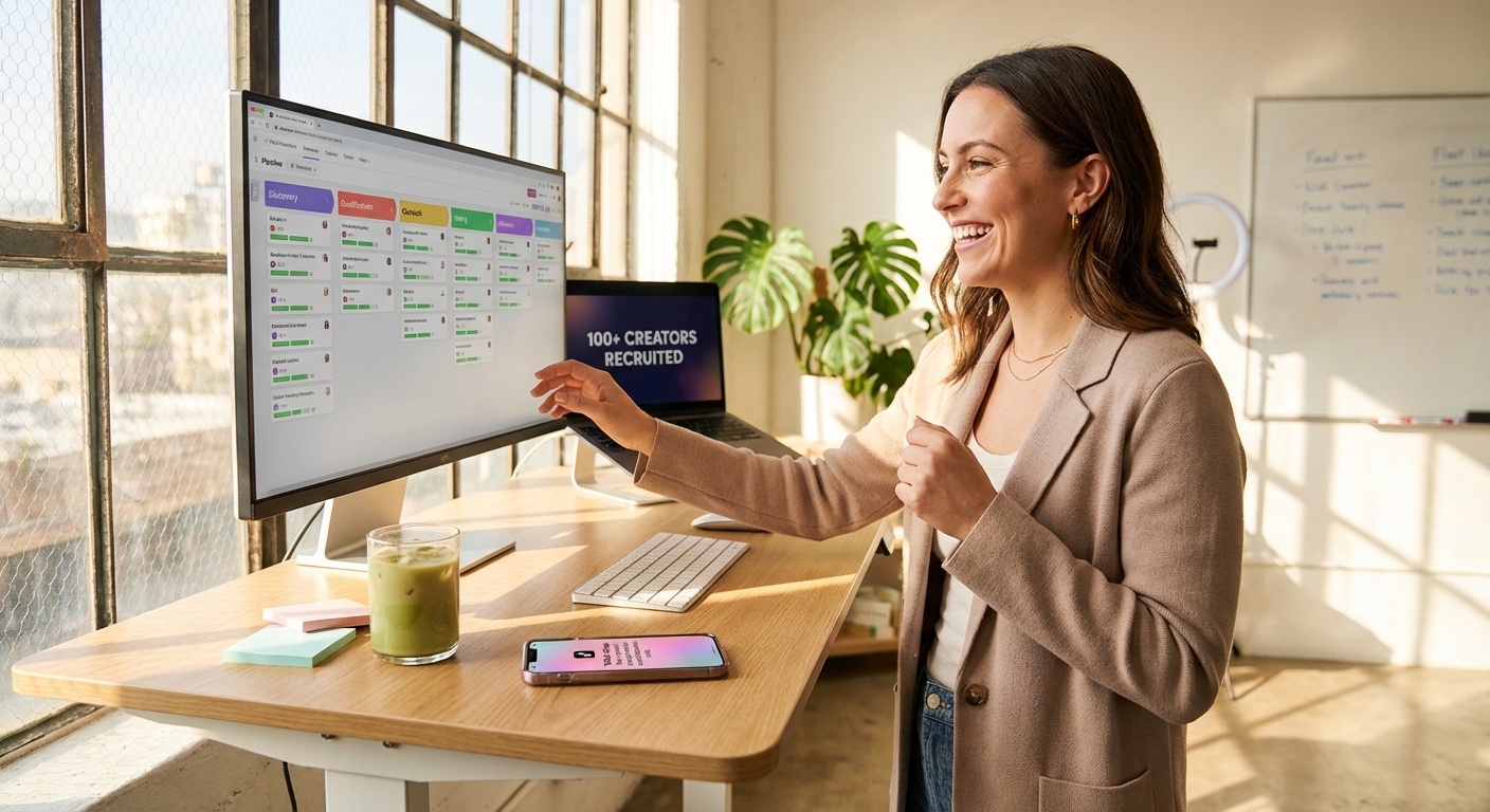 Entrepreneur building a five-stage TikTok Shop creator recruitment funnel pipeline on her screen with green progress indicators