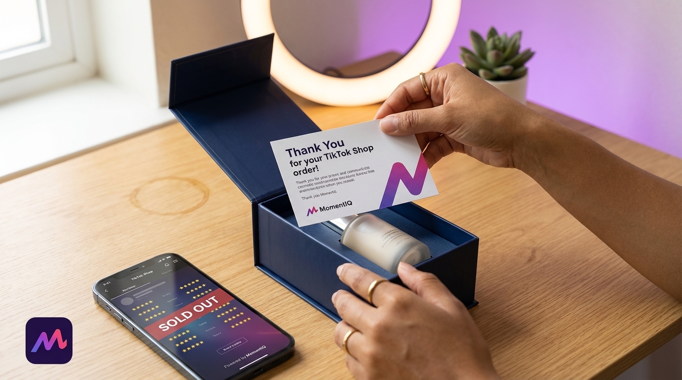 Flat lay of a smartphone showing a 'Sold Out' TikTok Shop product listing with 5-star reviews, next to a beautifully packaged product ready for shipping.
