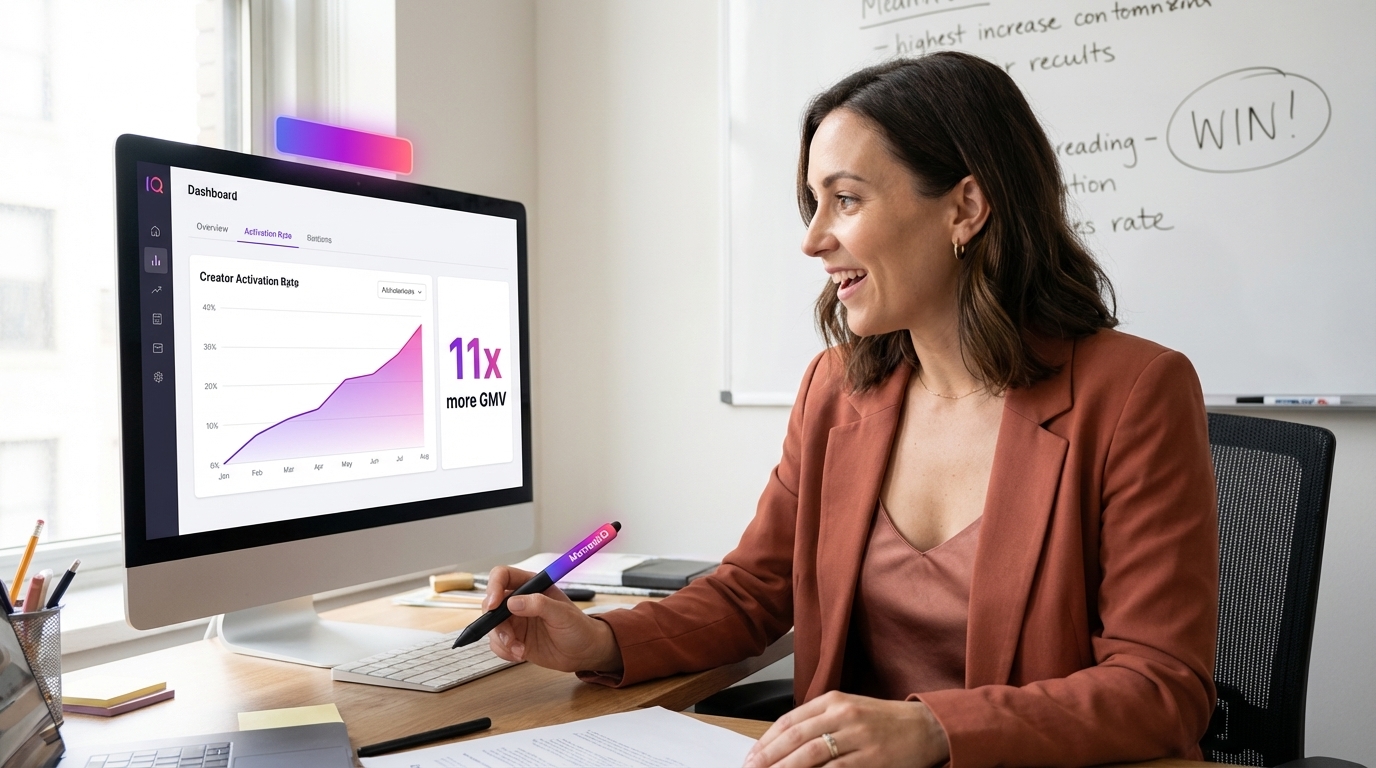 Focused marketing manager analyzing a climbing TikTok Shop creator activation rate and projected GMV increase on an analytics dashboard.