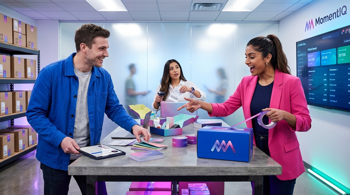 Joyful team excitedly preparing branded TikTok Shop product seeding packages with colorful products and personalized notes.