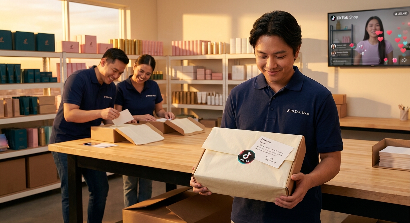 Organized TikTok Shop product seeding fulfillment center with branded creator packages and live shopping stream on display