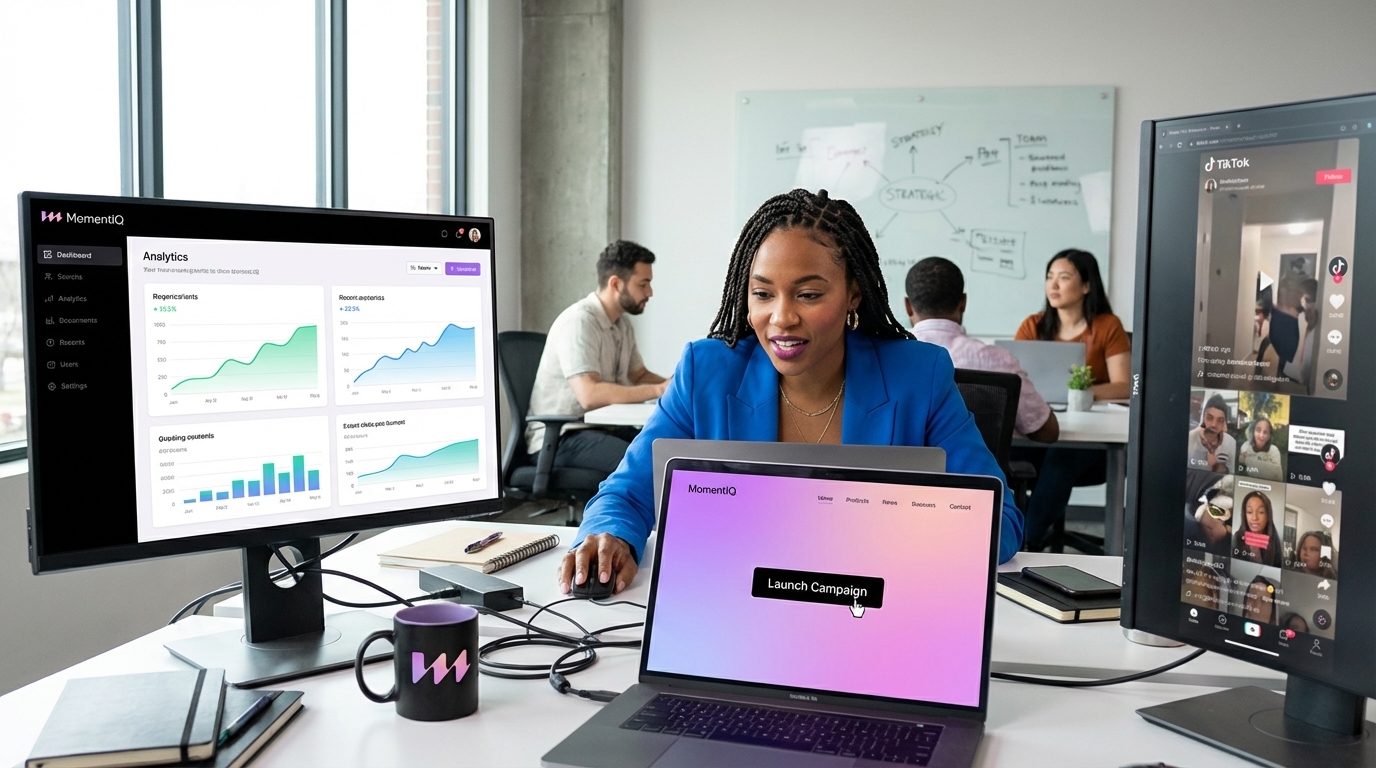 Smiling small business owner ready to launch a new TikTok Shop affiliate campaign on her laptop, surrounded by product prototypes.