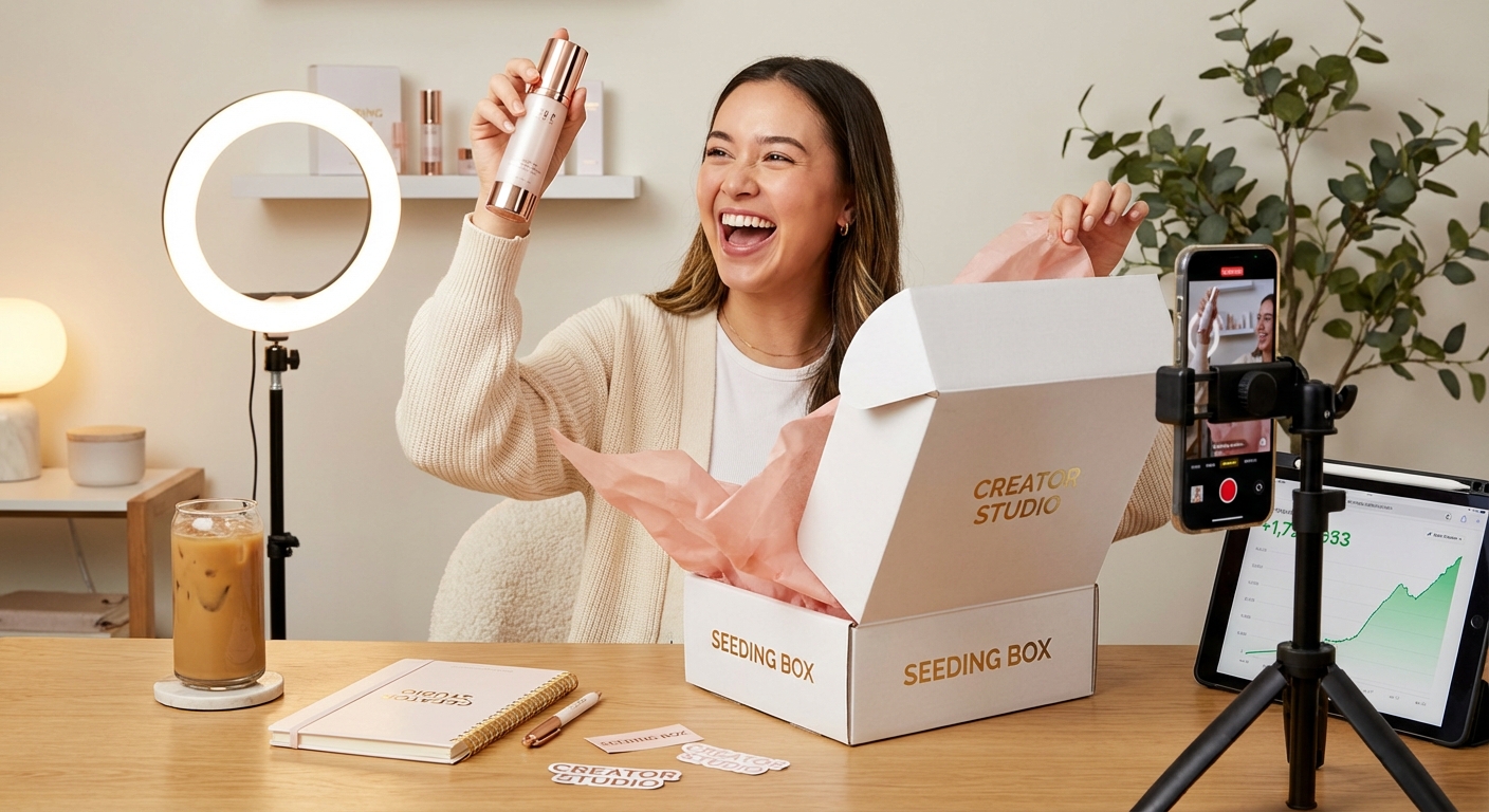 TikTok creator excitedly unboxing branded product seeding package in ring-lit studio with TikTok Shop affiliate dashboard visible