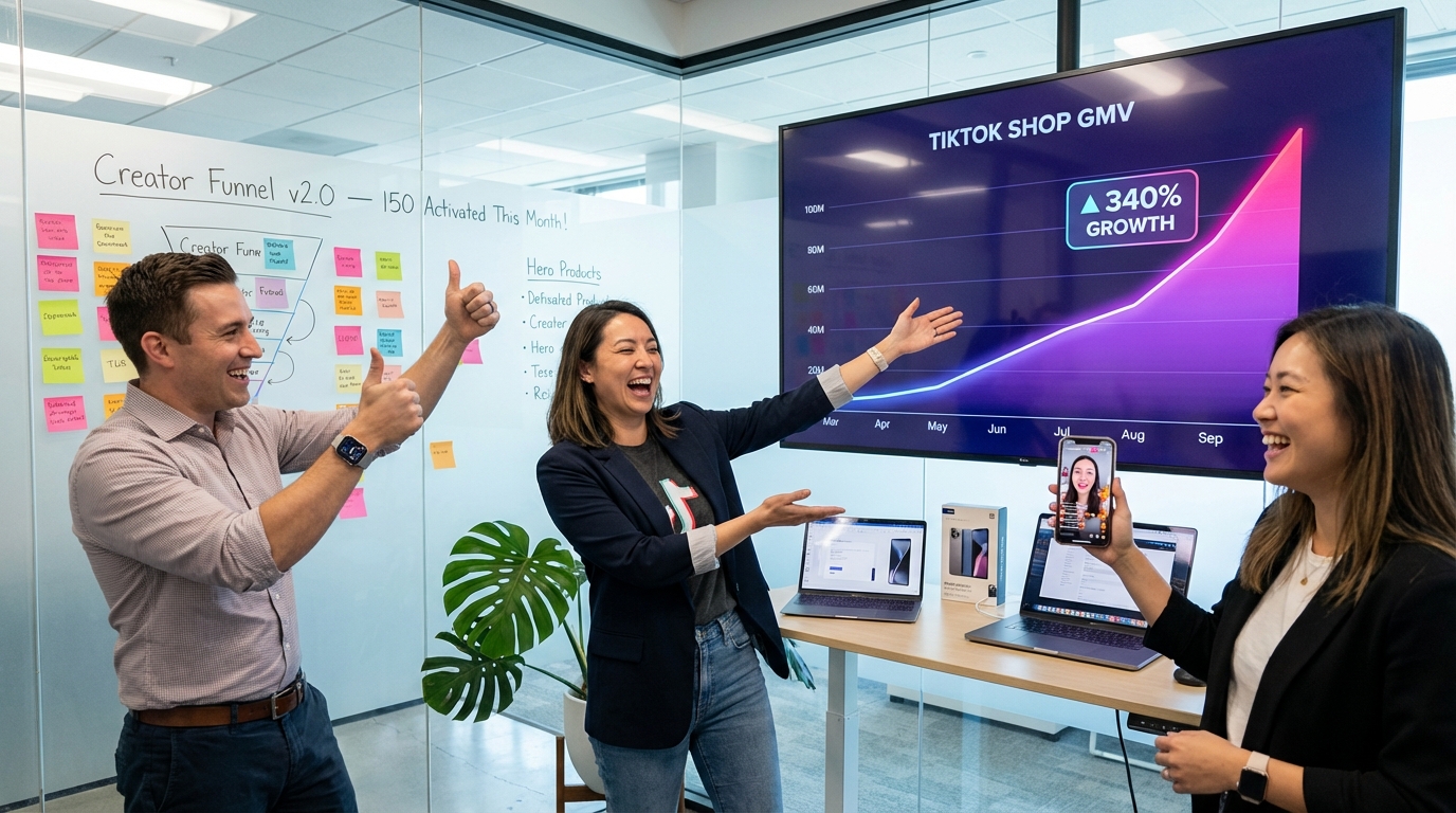 TikTok Shop brand team celebrating creator recruitment funnel success in front of analytics dashboard showing GMV growth